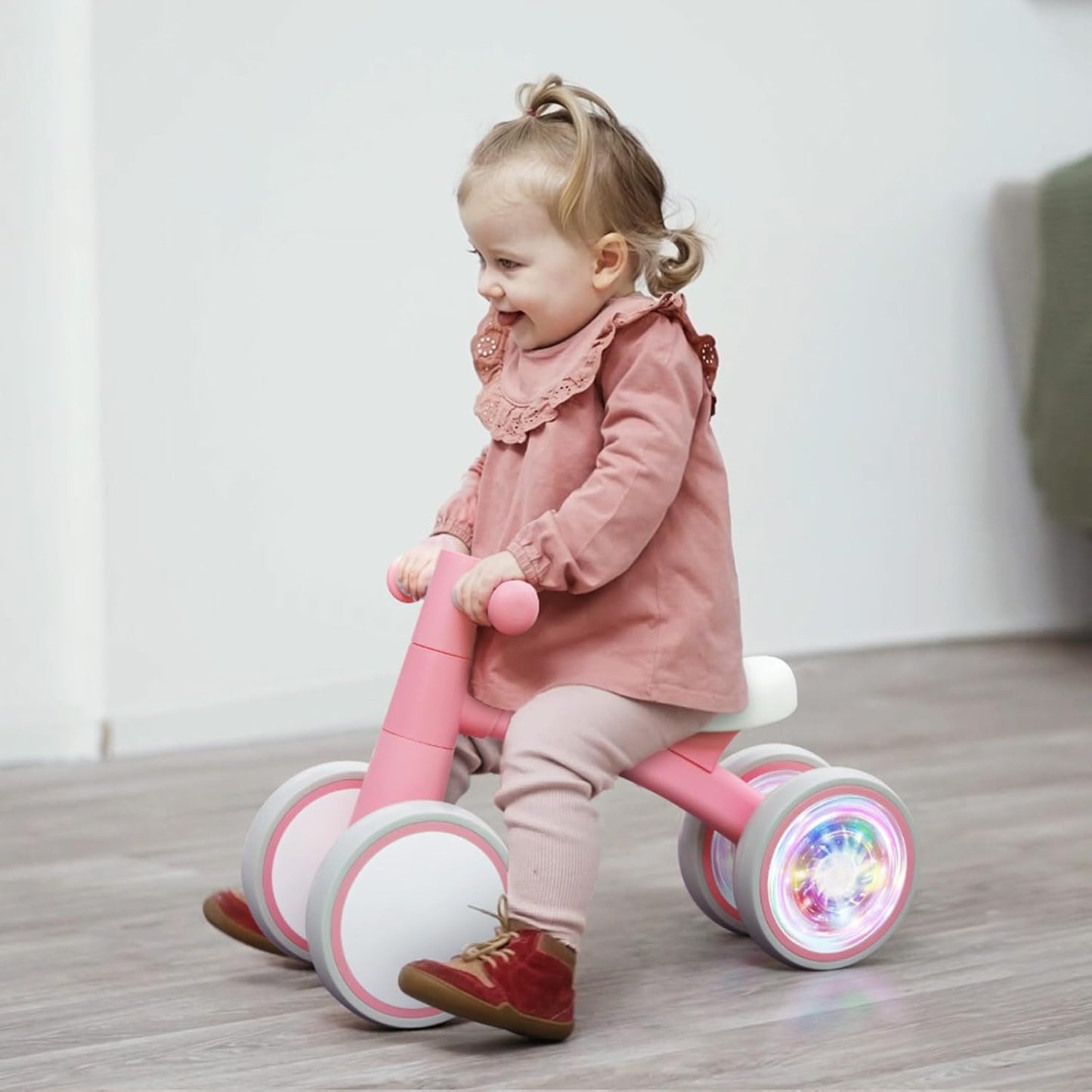 SEREED Colorful Lighting Baby Balance Bike, Toys for 1 Year Old Boys Girls, 12-24 Month Toddler Balance Bike with 4 Silence Wheels, First Birthday Gift (Pink)