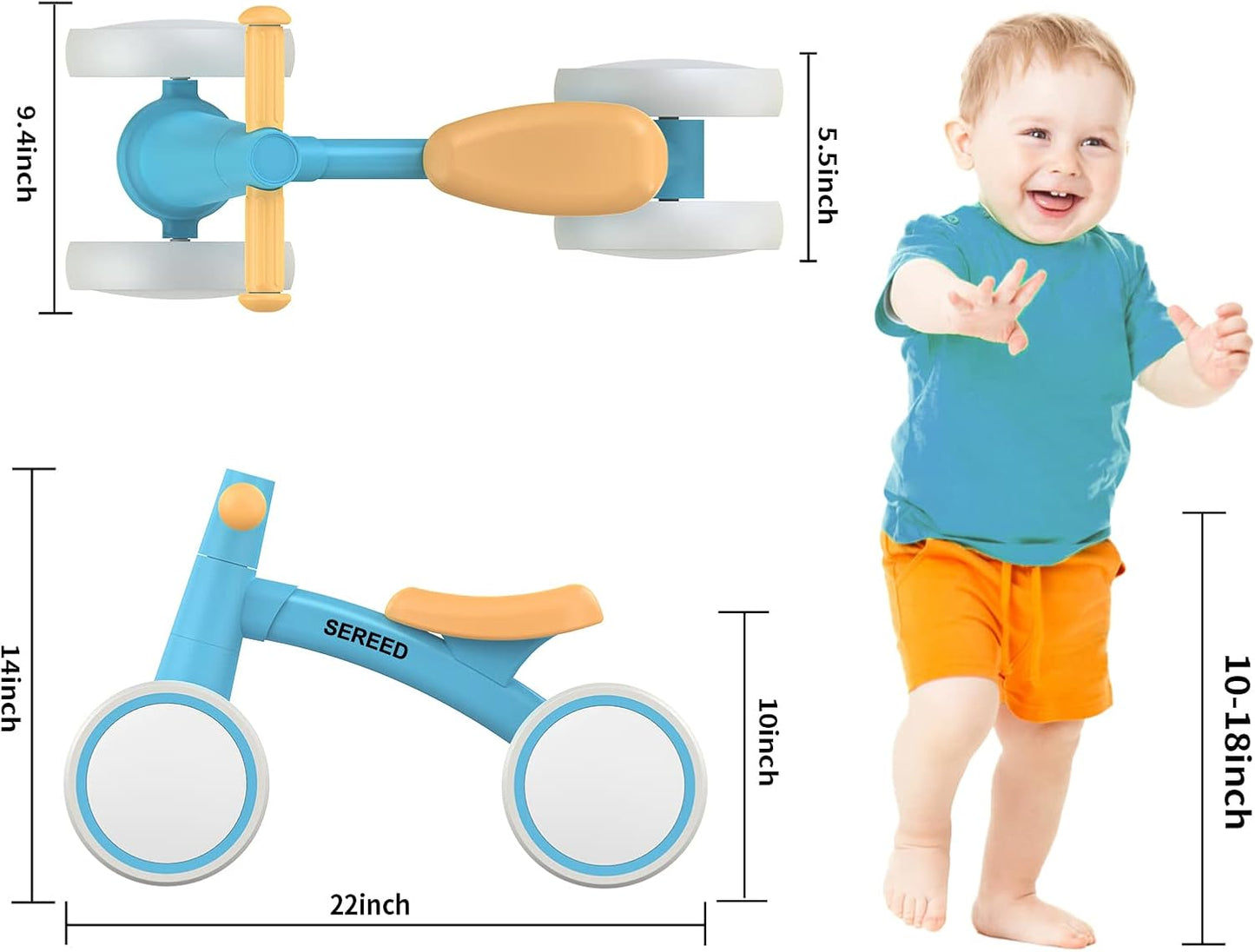 SEREED Baby Balance Bike for 1 Year Old Boys Girls 12-24 Month Toddler Balance Bike, 4 Wheels Toddler First Bike, First Birthday Gifts
