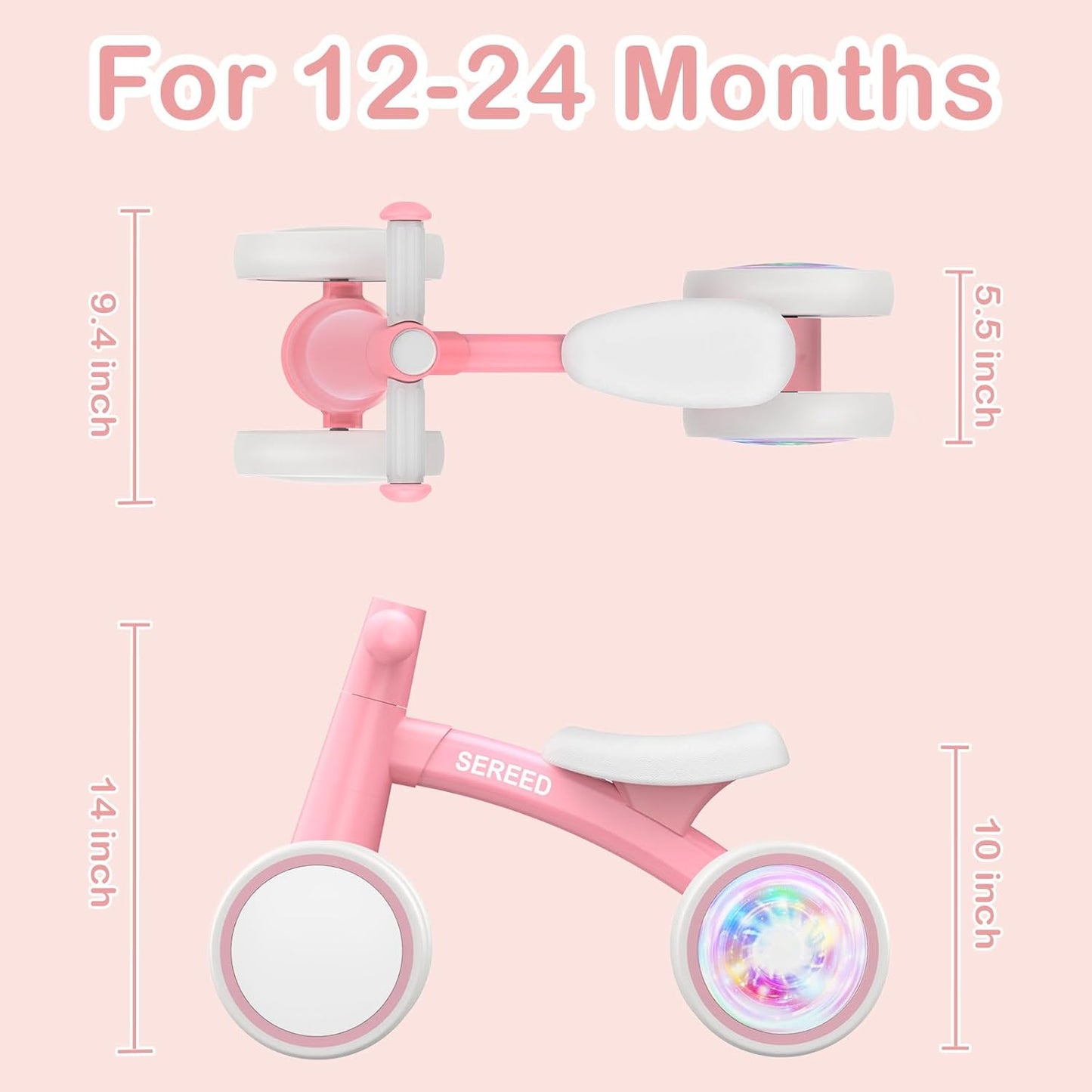 SEREED Colorful Lighting Baby Balance Bike, Toys for 1 Year Old Boys Girls, 12-24 Month Toddler Balance Bike with 4 Silence Wheels, First Birthday Gift (Pink)