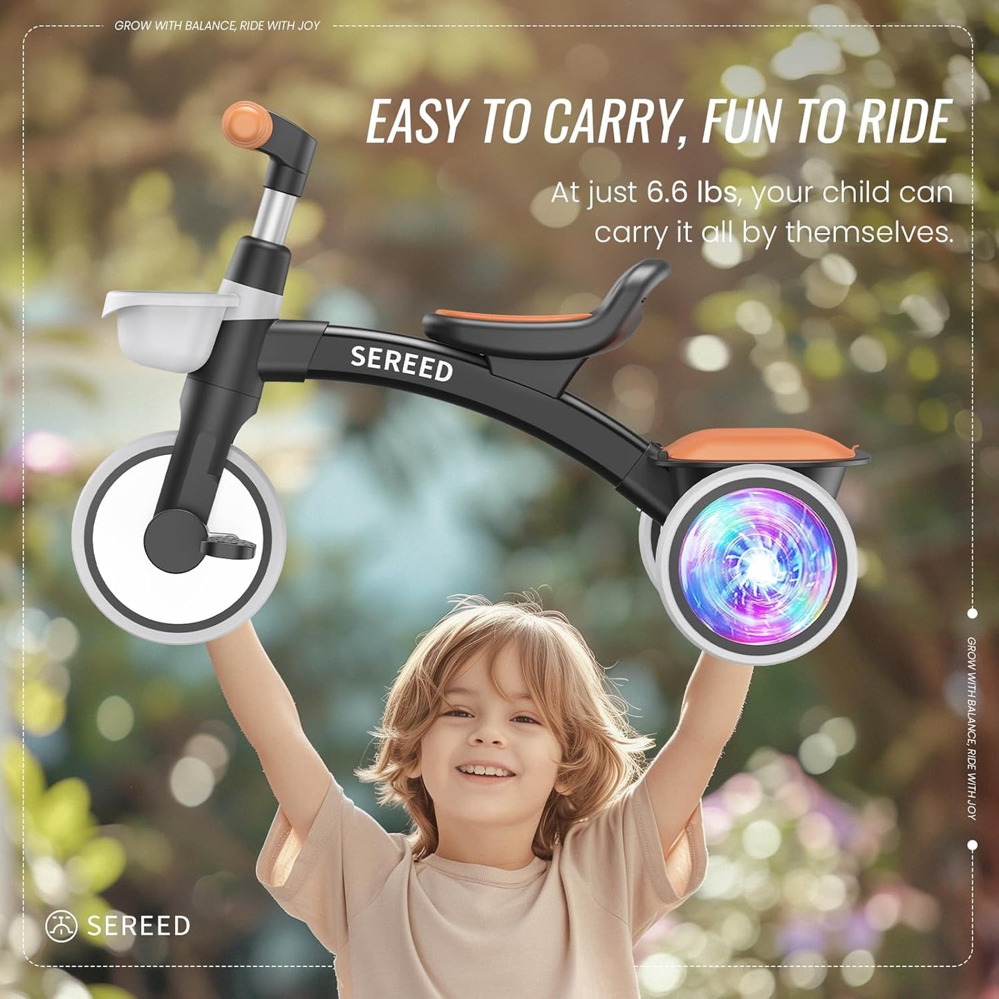 SEREED Colorful Lighting Toddler Tricycle for 2-5 Years Old Boys, Adjustable Seat&Handlebar Trike, Removable Basket, Birthday Gift Idea for Kids Ages 2+ (Black)