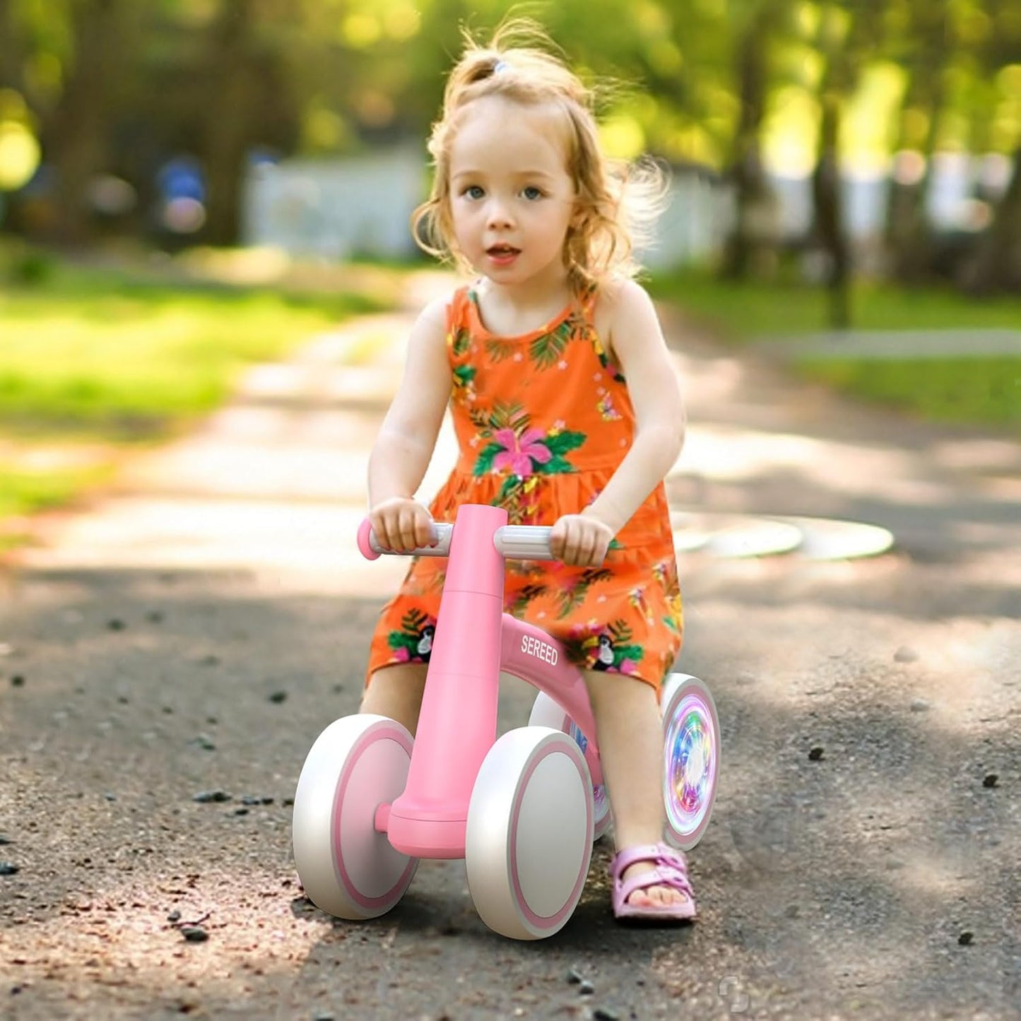 SEREED Colorful Lighting Baby Balance Bike, Toys for 1 Year Old Boys Girls, 12-24 Month Toddler Balance Bike with 4 Silence Wheels, First Birthday Gift (Pink)