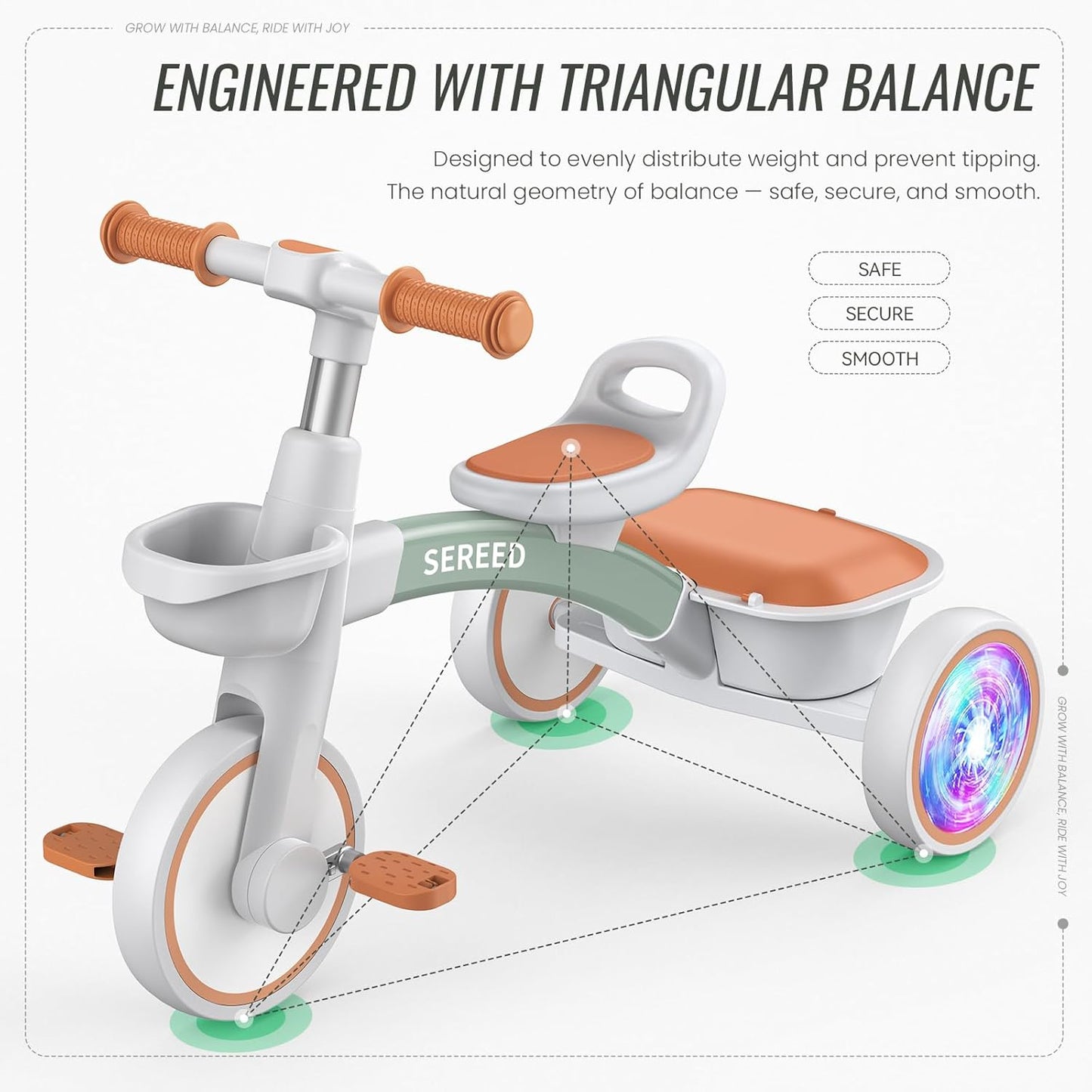 SEREED Colorful Lighting Toddler Tricycle for 2-5 Years Old Boys Girls, Adjustable Seat&Handlebar Trike, Removable Basket, Birthday Gift Idea for Kids Ages 2+ (Green)