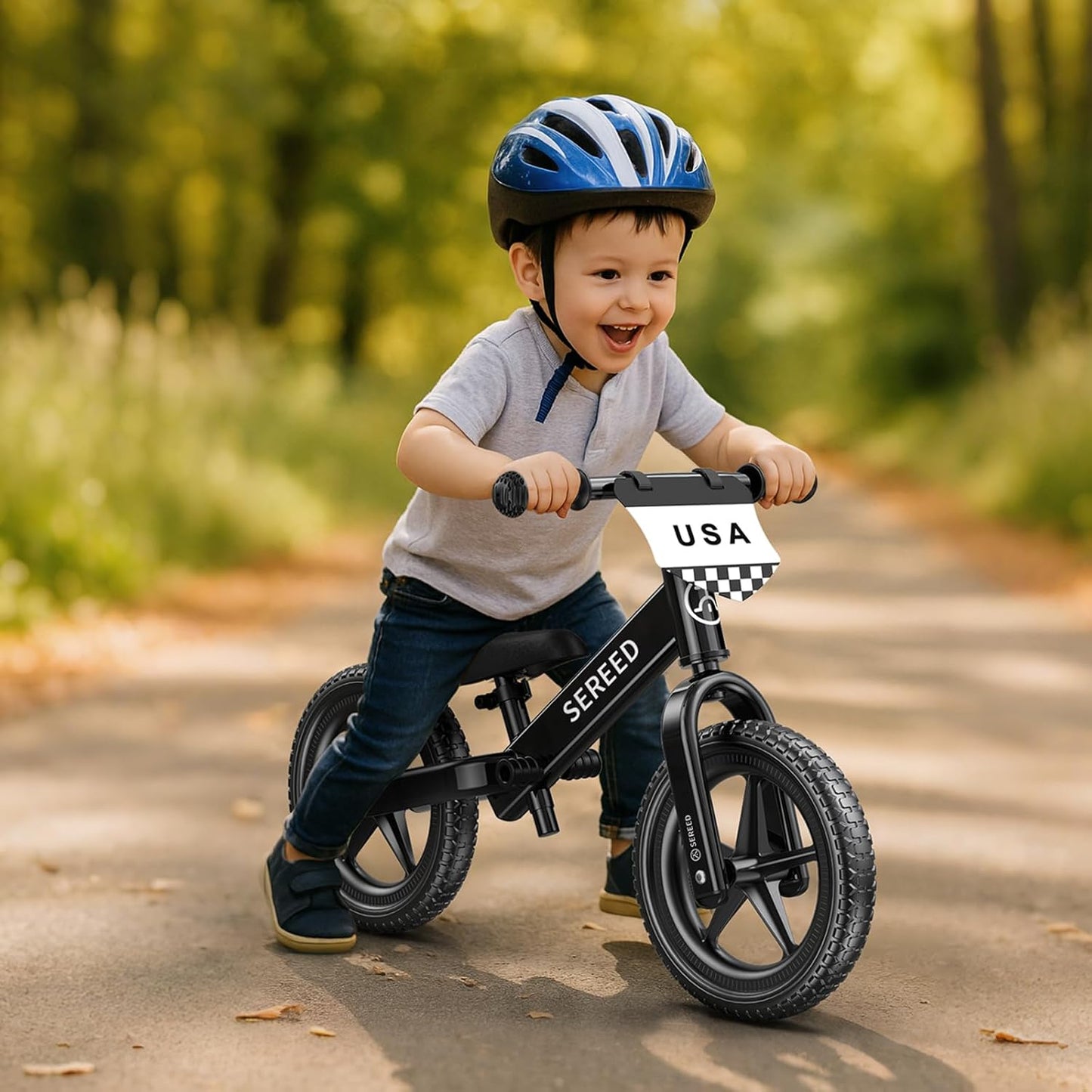 SEREED Toddler Balance Bike 2 Year Old, No Pedal Kids Toy Bike for 2-5 Years Old, Tool-Free Adjustment, Gift for 2-3 Boys Girls, Customize Plate with 3pcs Stickers (Black)