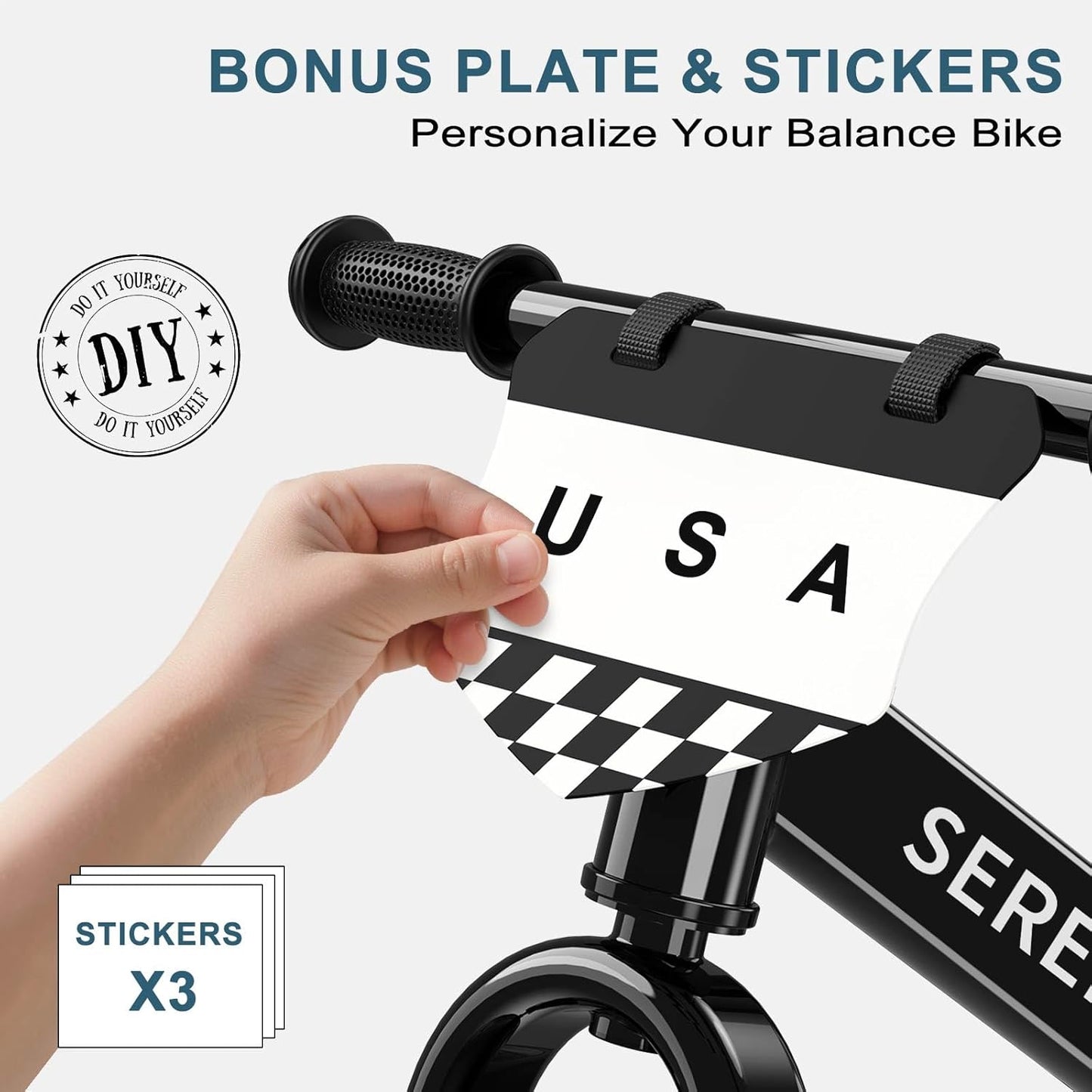 SEREED Toddler Balance Bike 2 Year Old, No Pedal Kids Toy Bike for 2-5 Years Old, Tool-Free Adjustment, Gift for 2-3 Boys Girls, Customize Plate with 3pcs Stickers (Black)