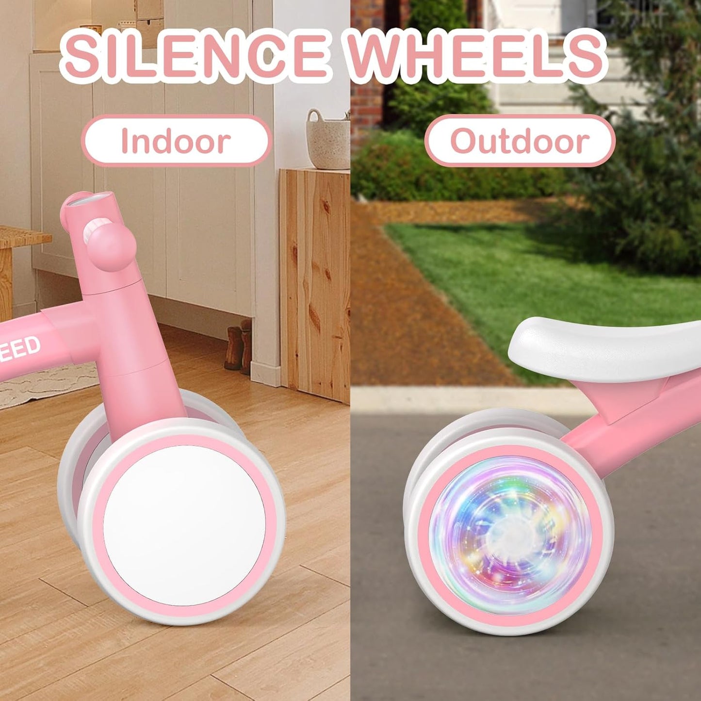 SEREED Colorful Lighting Baby Balance Bike, Toys for 1 Year Old Boys Girls, 12-24 Month Toddler Balance Bike with 4 Silence Wheels, First Birthday Gift (Pink)