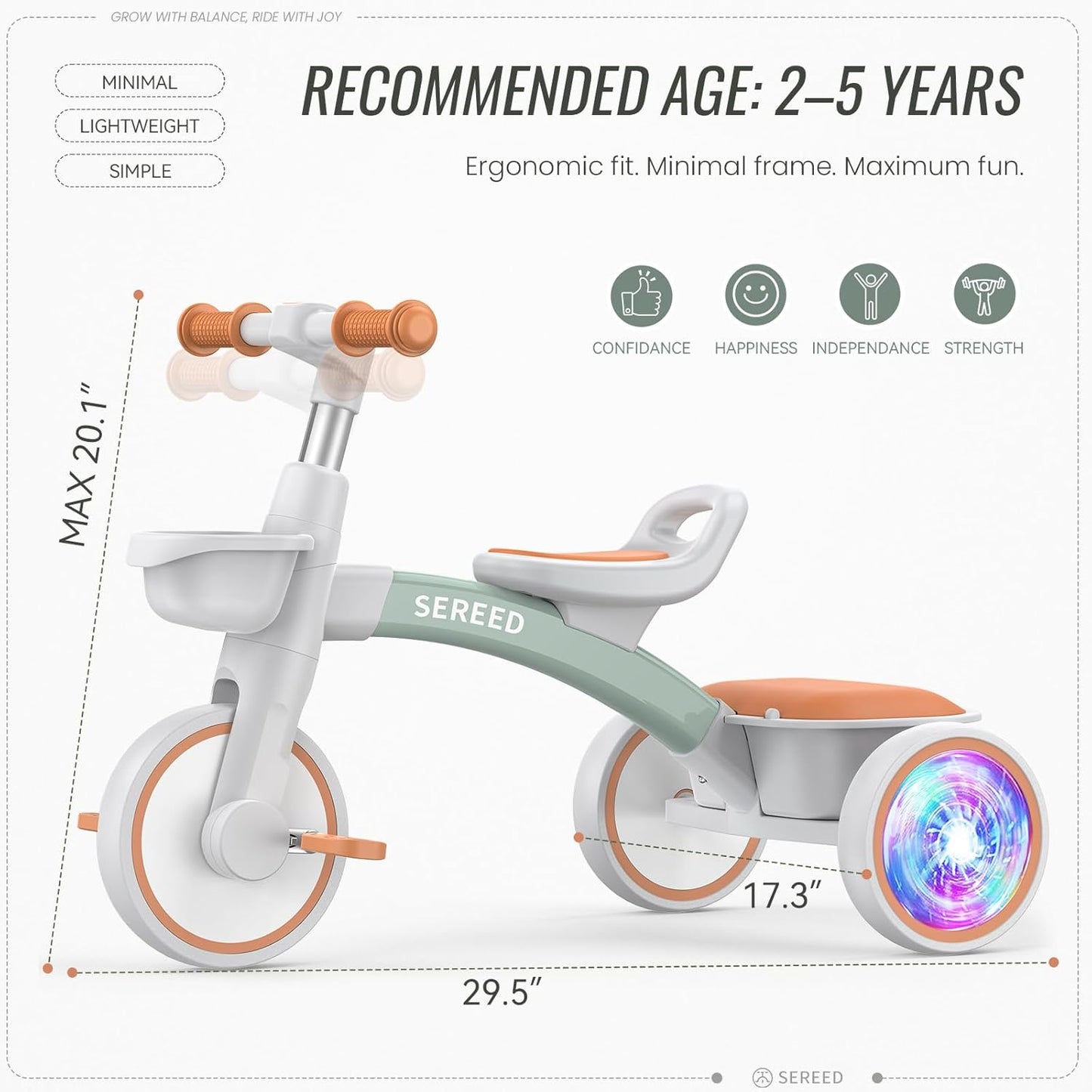 SEREED Colorful Lighting Toddler Tricycle for 2-5 Years Old Boys Girls, Adjustable Seat&Handlebar Trike, Removable Basket, Birthday Gift Idea for Kids Ages 2+ (Green)
