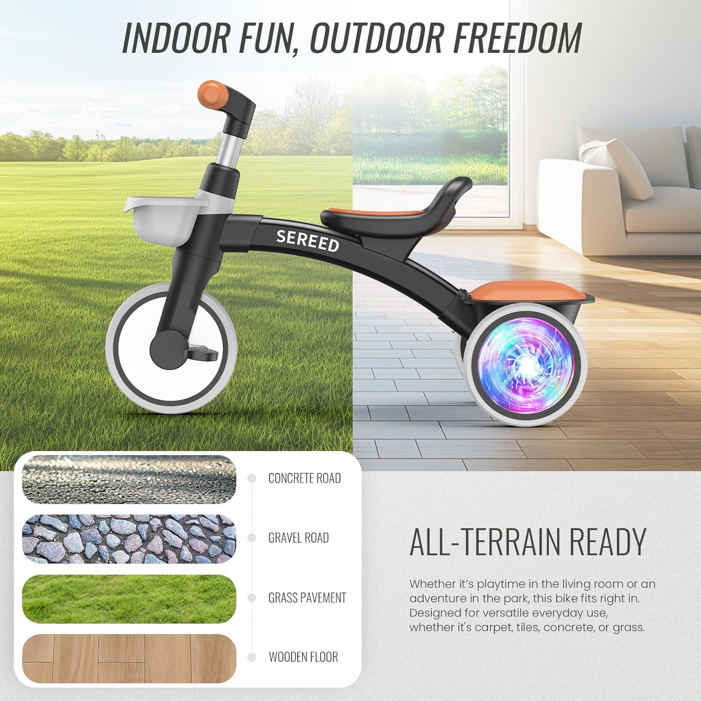 SEREED Colorful Lighting Toddler Tricycle for 2-5 Years Old Boys, Adjustable Seat&Handlebar Trike, Removable Basket, Birthday Gift Idea for Kids Ages 2+ (Black)