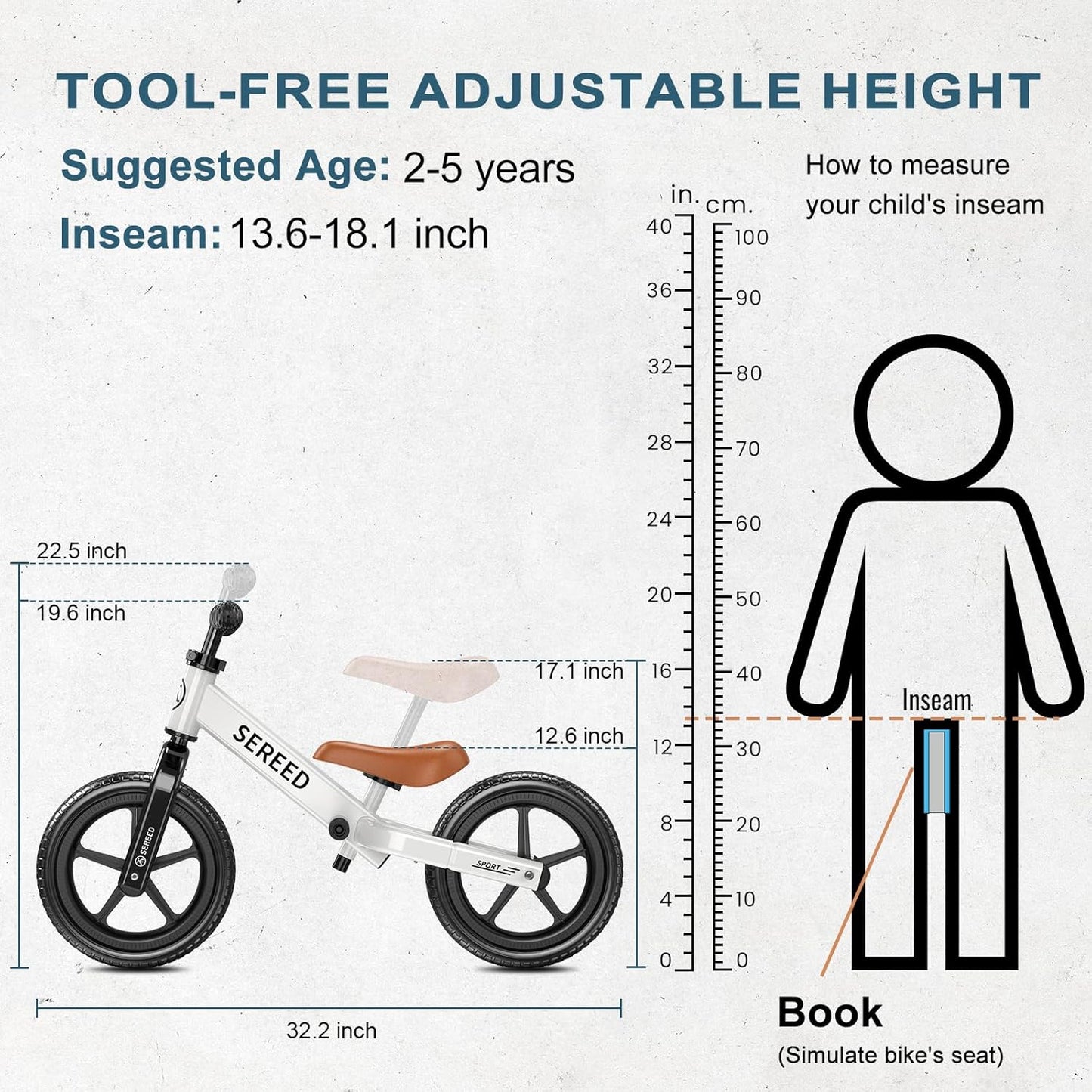 SEREED Toddler Balance Bike 2 Year Old, No Pedal Kids Toy Bike for 2-5 Years Old, Tool-Free Adjustment, Gift for 2-3 Boys Girls, Customize Plate with 3pcs Stickers (White)