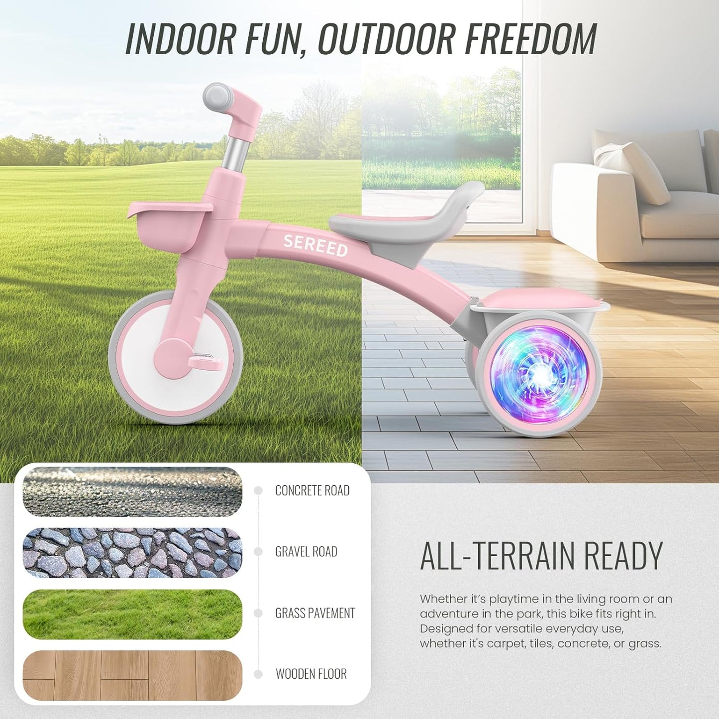 SEREED Colorful Lighting Toddler Tricycle for 2-5 Years Old Girls, Adjustable Seat&Handlebar Trike, Removable Basket, Birthday Gift Idea for Kids Ages 2+ (Pink)